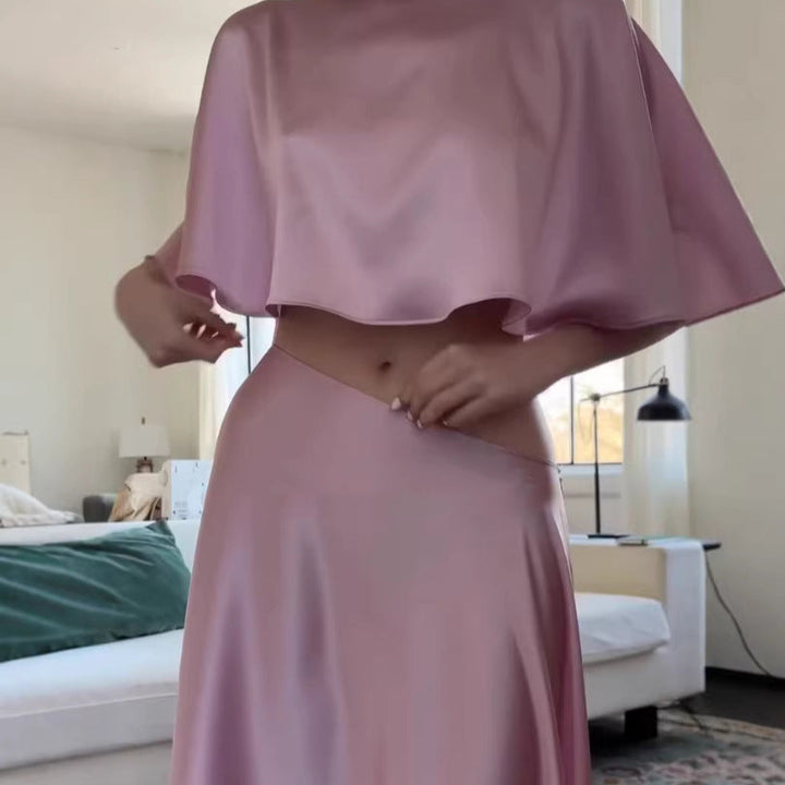 Solid color satin long skirt suit
