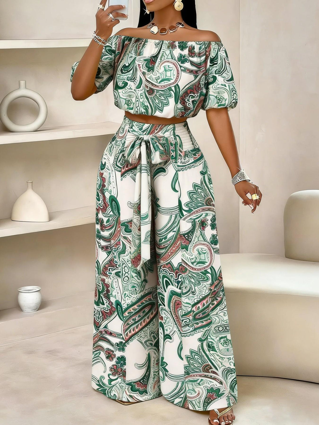 Printed off-shoulder top and high-waisted trousers two-piece set