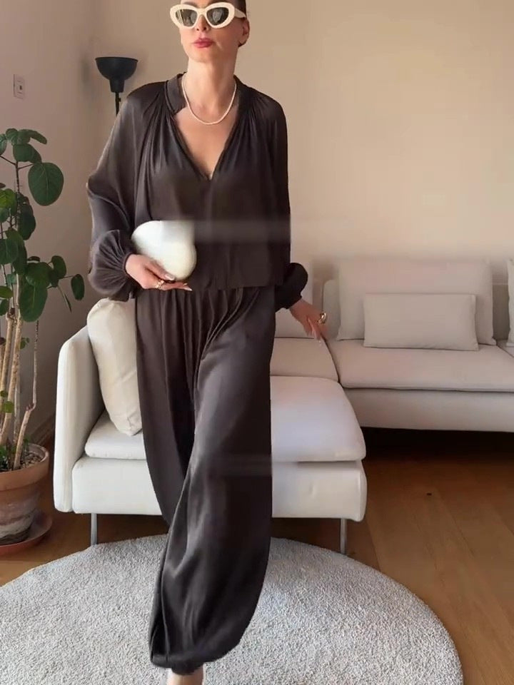 Breathable V-neck chiffon blouse and lantern pants two-piece set