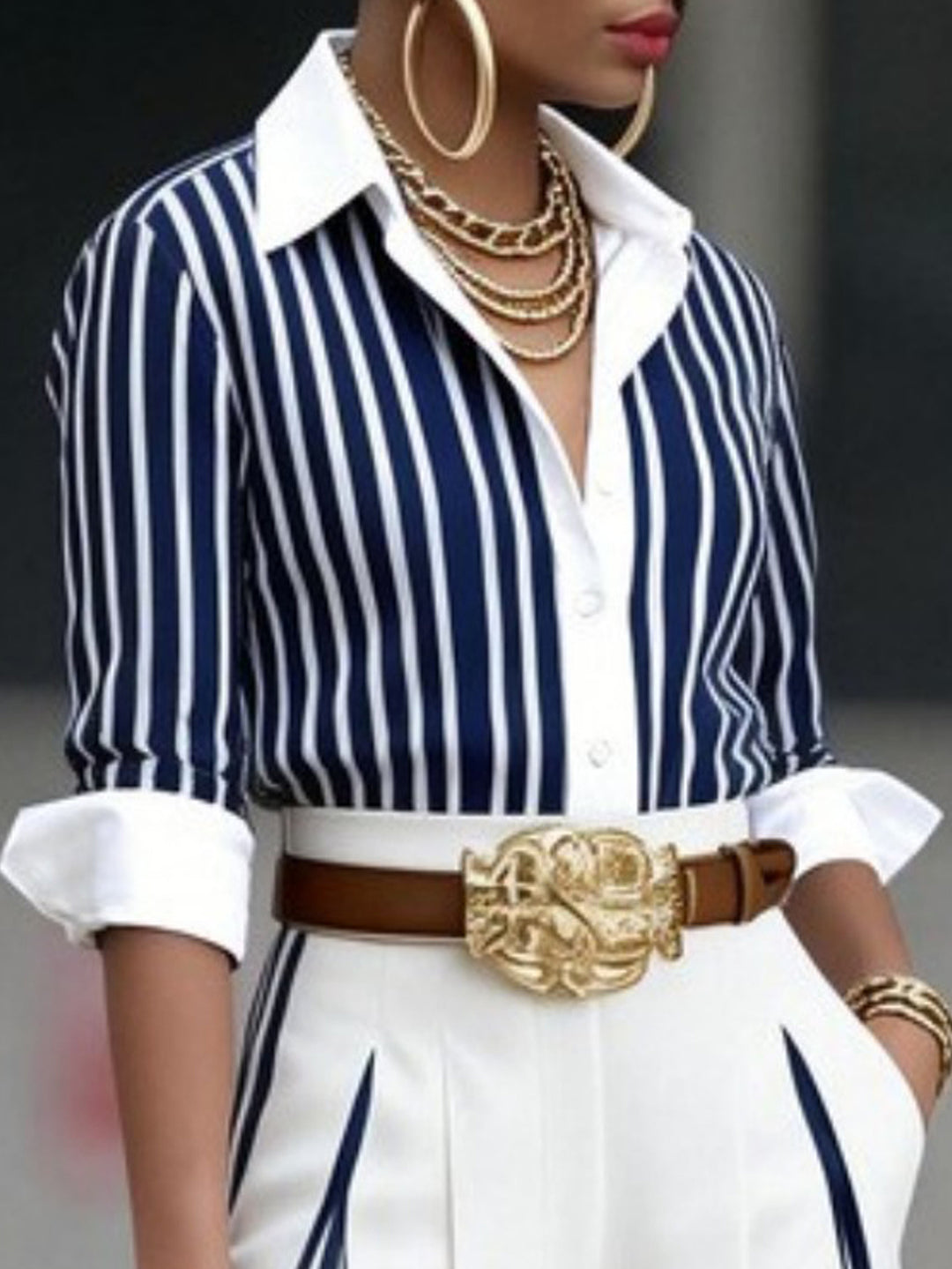 Casual striped shirt and slim-fit color-blocked trousers