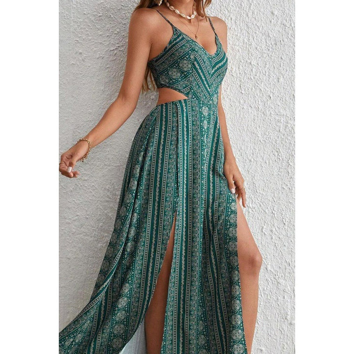 Printed backless halter-neck slit resort dress