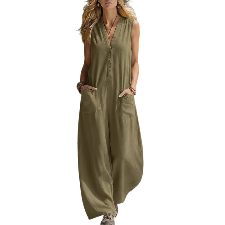 Double-pocket casual linen cotton sleeveless jumpsuit