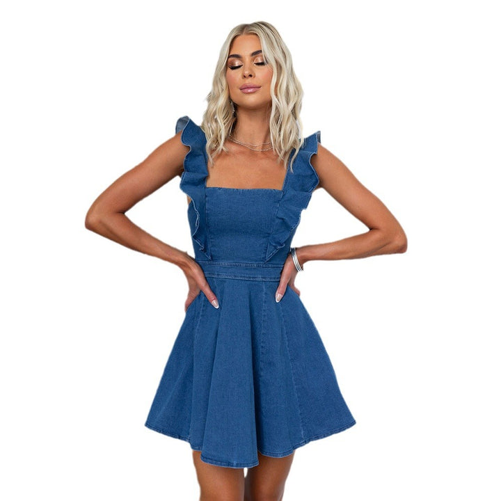 Square neckline halter-neck denim dress