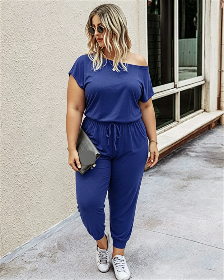 Slanted Shoulder Short Sleeve Pocket Jumpsuit