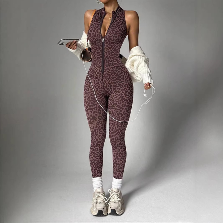 Leopard Print Backless Slim-Fit Halter Jumpsuit