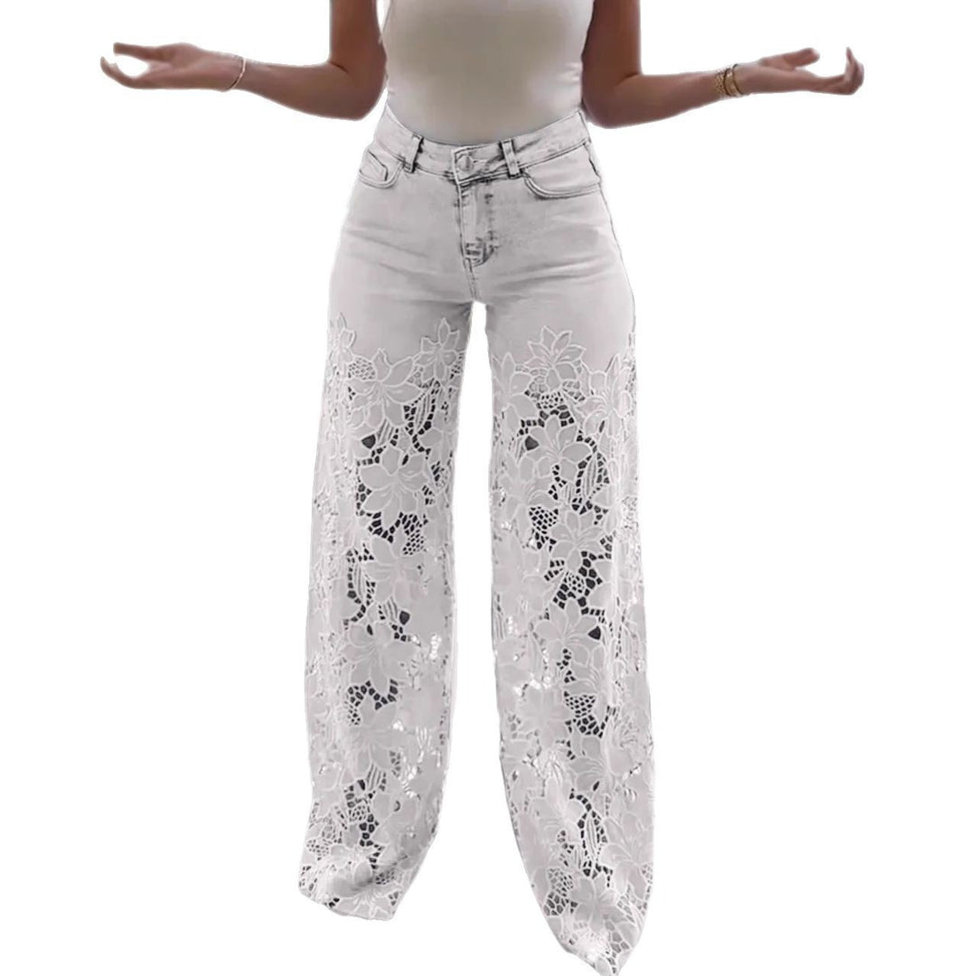 Denim jeans with openwork lace trim