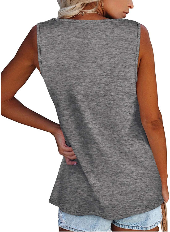 Solid color button loose crew neck sleeveless t-shirt