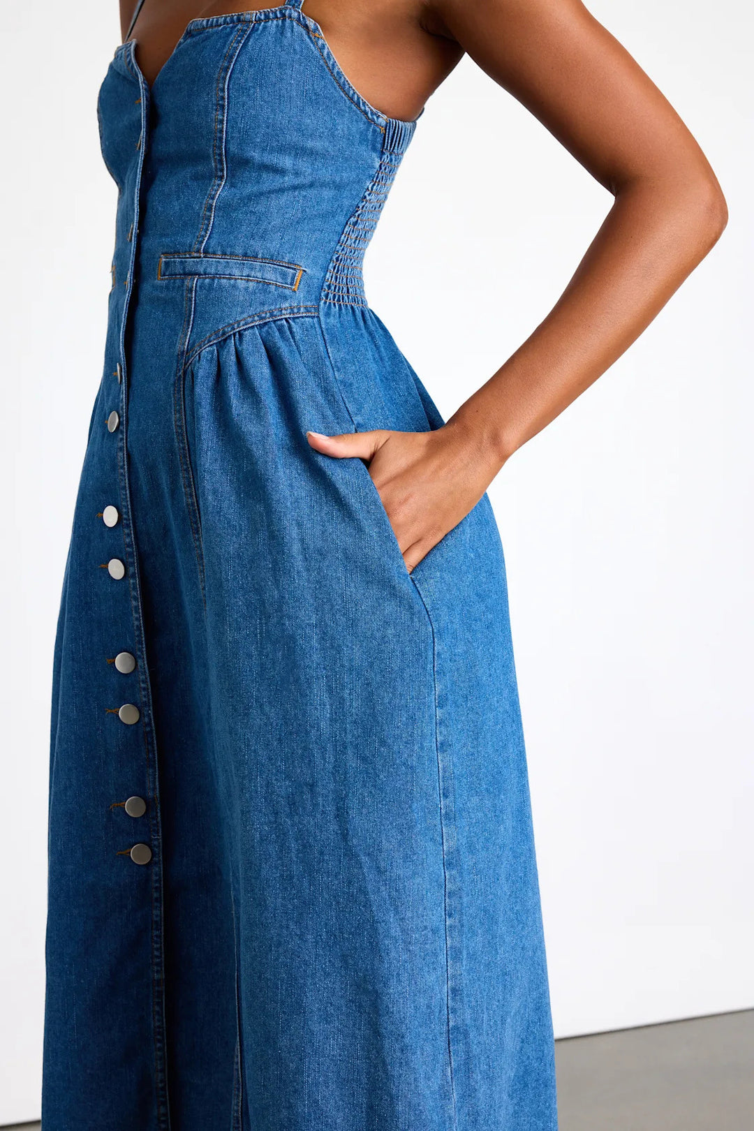 Retro V-neck cardigan denim suspender dress