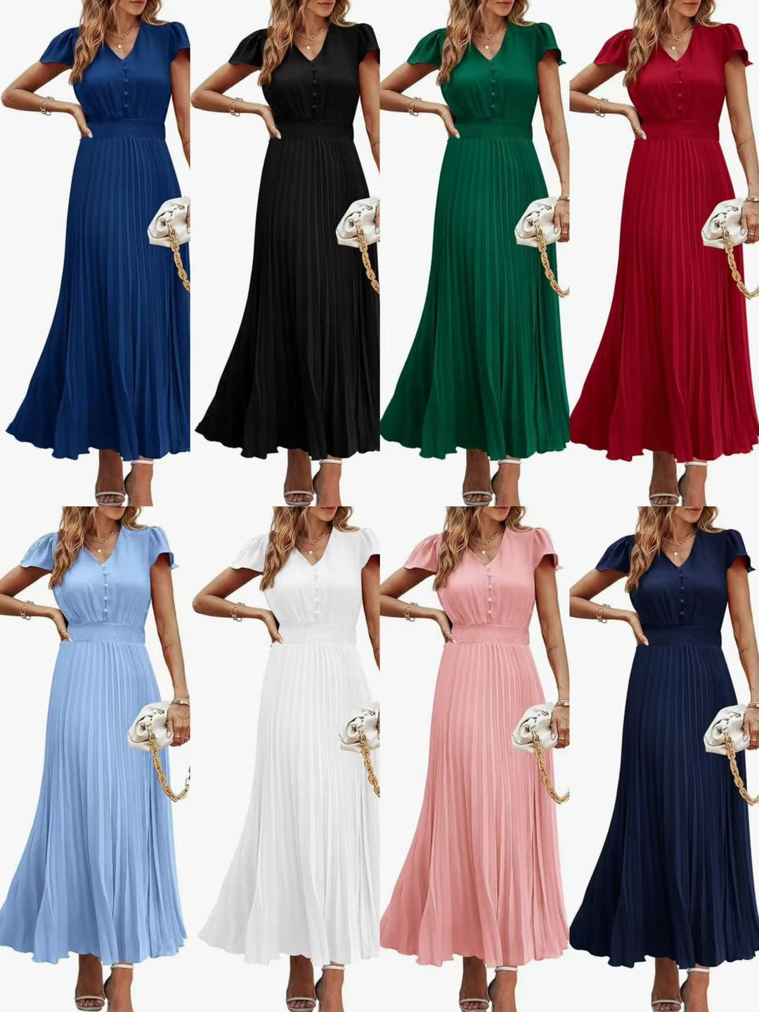 V-neck women's short-sleeved belted pleated dress