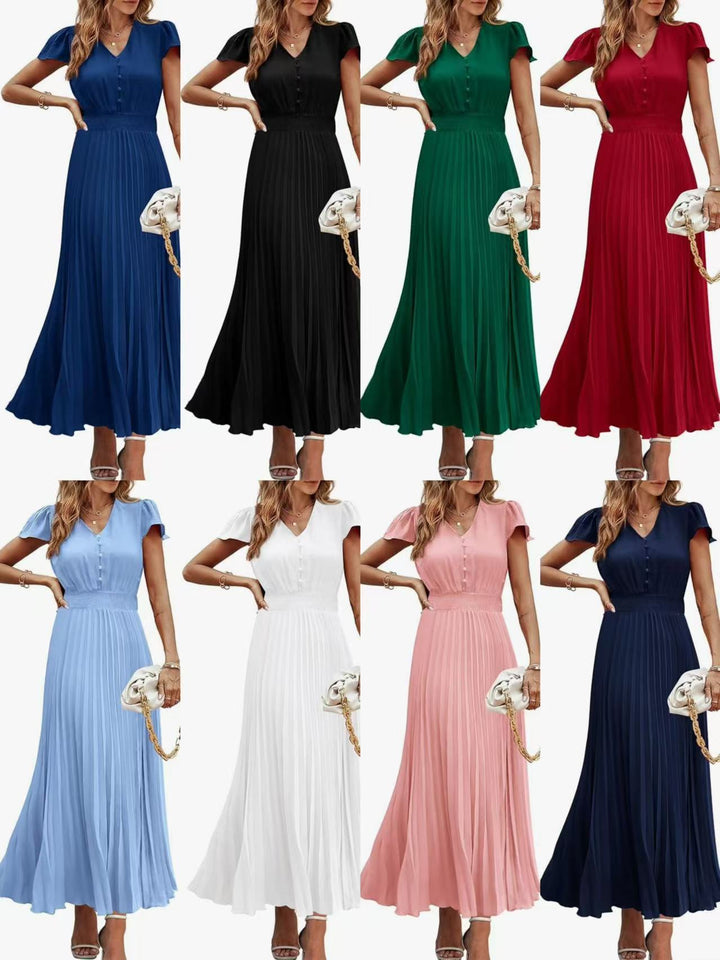 V-neck women's short-sleeved belted pleated dress