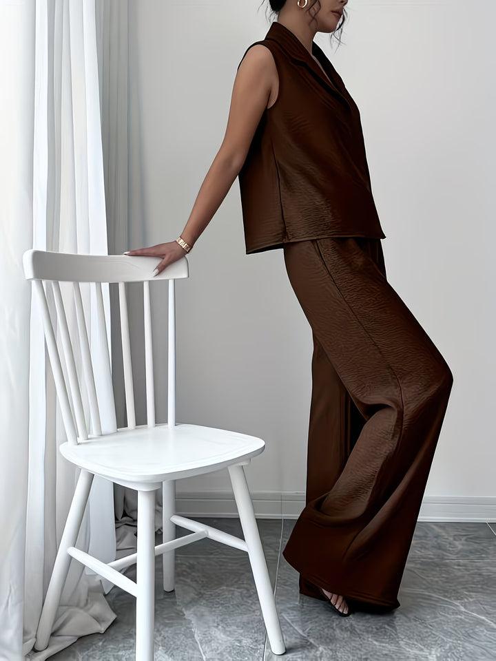 V-neck sleeveless top and loose straight-leg pants set