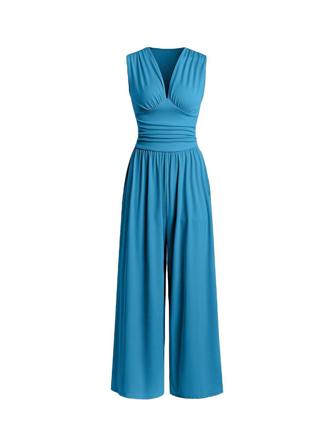 Solid color ribbed striped knit sleeveless jumpsuit