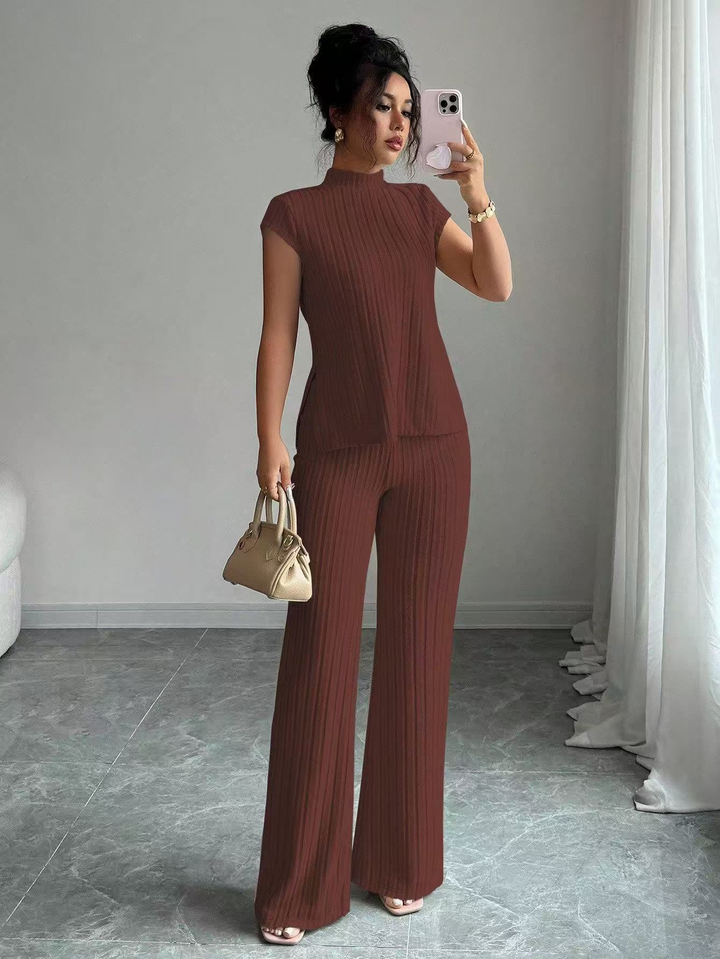Casual solid color ribbed casual pants suit