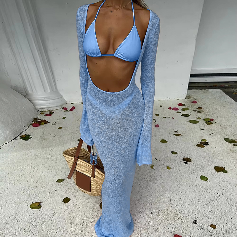 Halter-neck three-piece bikini swimsuit and mesh dress three-piece set