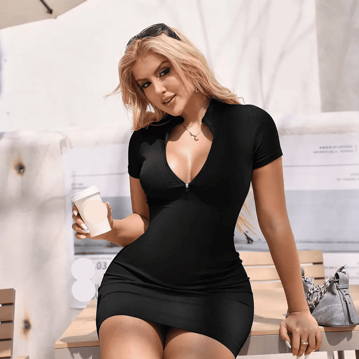 Women's Lapel Zipper Fitted Short Dress