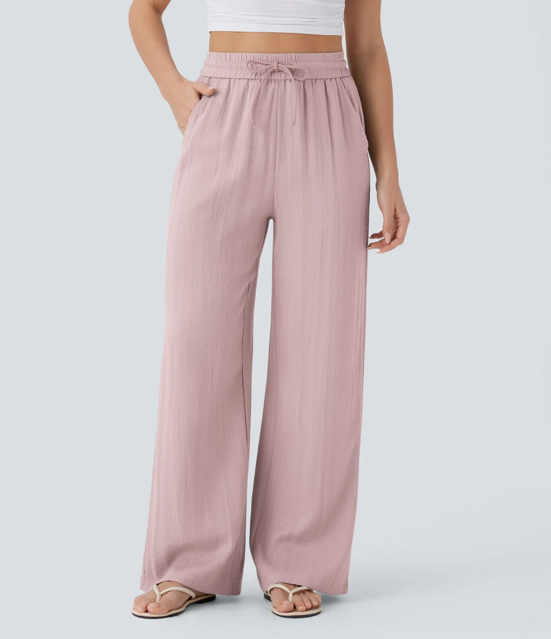 High-waisted drawstring wide-leg pants with side pockets