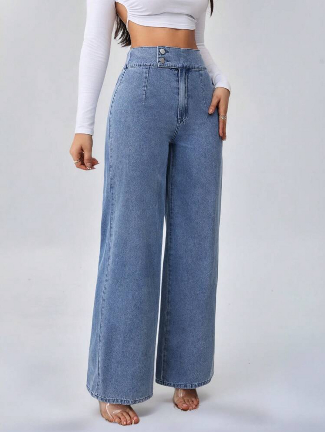 High-waisted double-button straight leg jeans