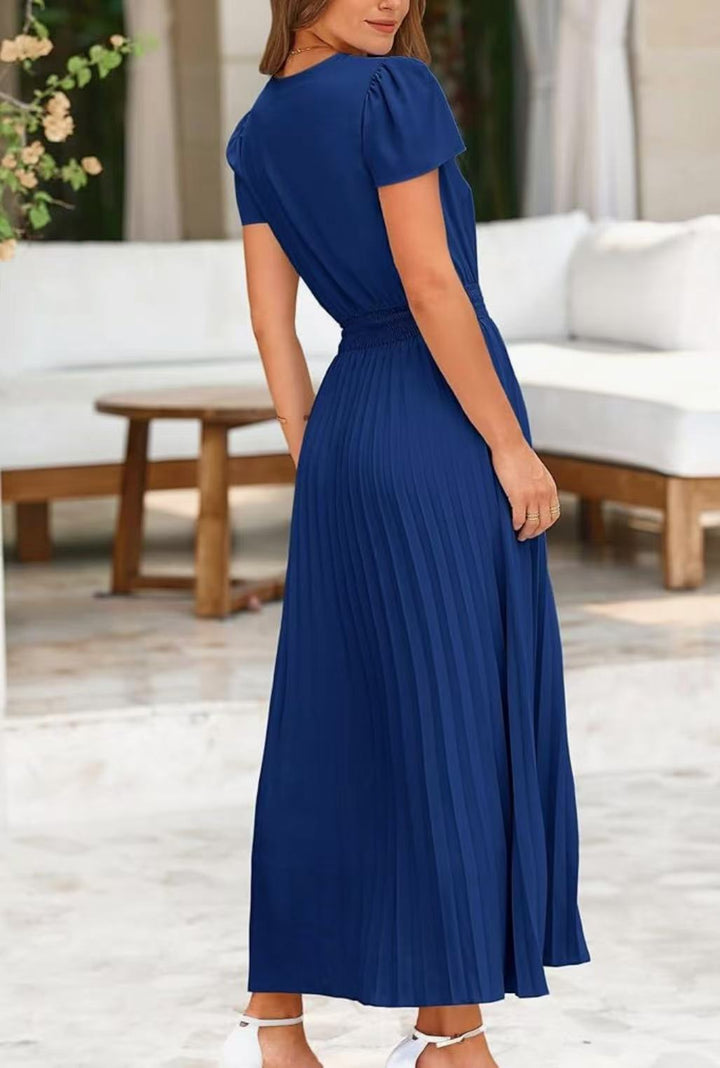 V-neck women's short-sleeved belted pleated dress