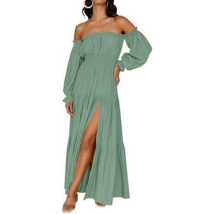 A-line Off-the-Shoulder Layered Maxi Dress with Slit