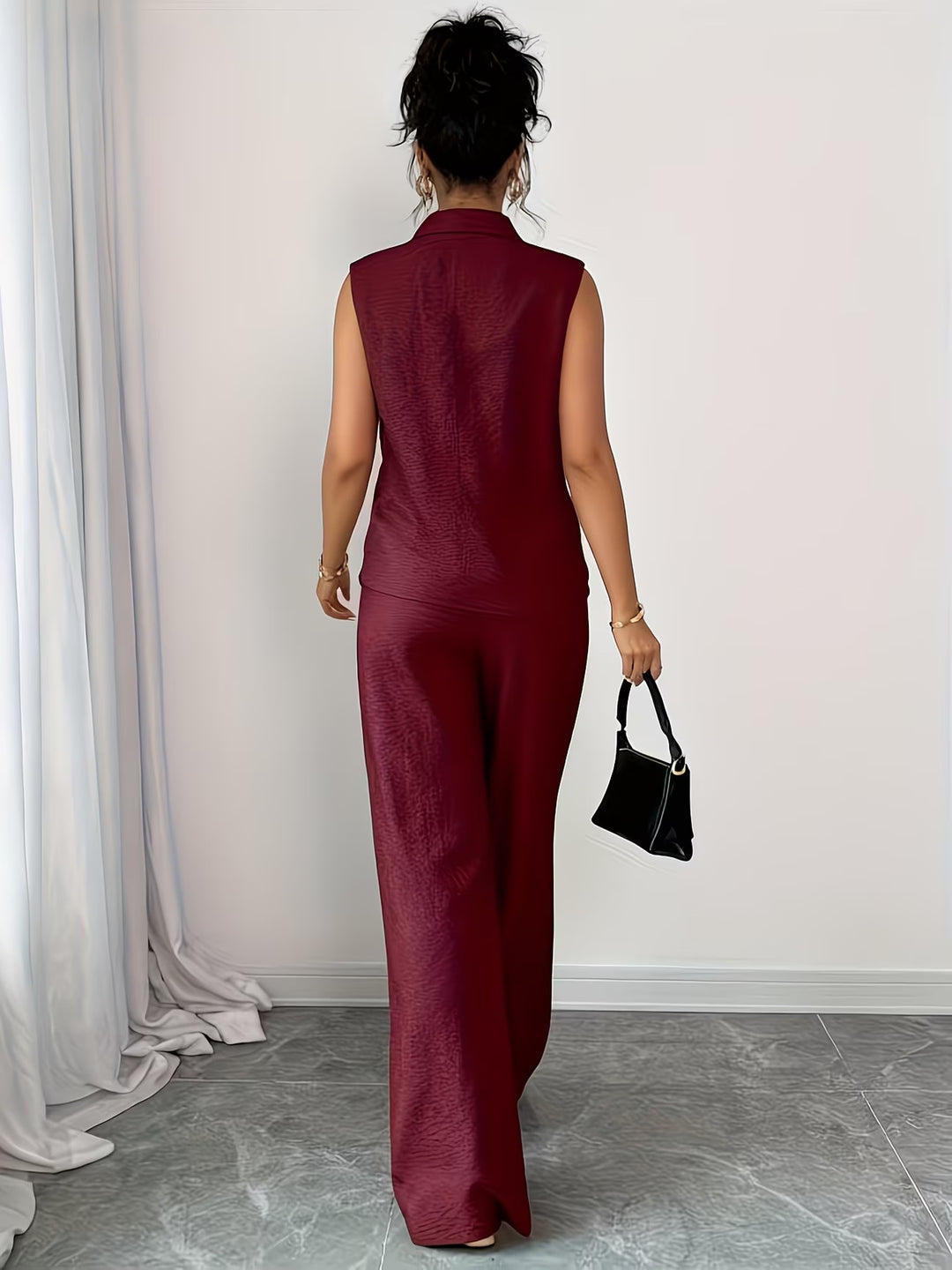 V-neck sleeveless top and loose straight-leg pants set