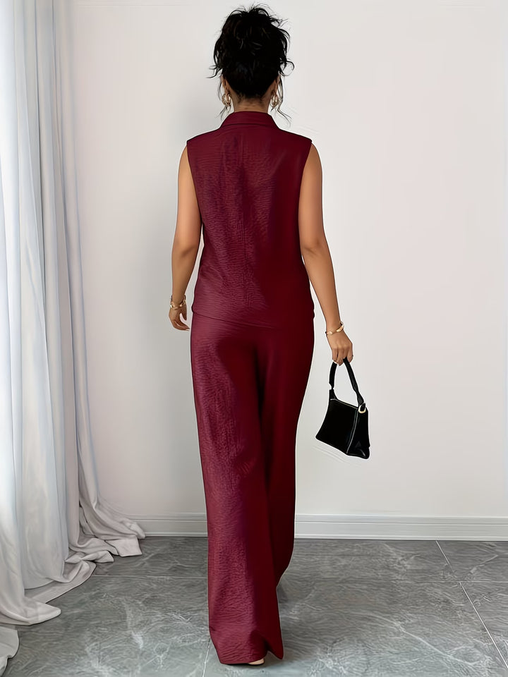 V-neck sleeveless top and loose straight-leg pants set