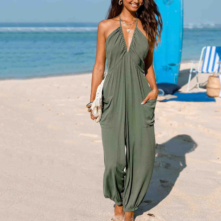 Women's lace-up wide-leg jumpsuit