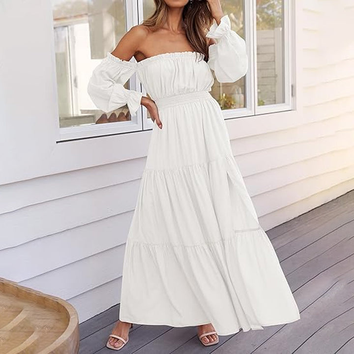 A-line Off-the-Shoulder Layered Maxi Dress with Slit