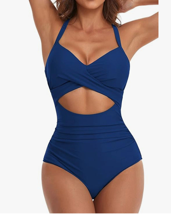 Womens One Piece Swimsuits Push Up Tummy Control Bathing Suits V Neck Cutout Modest Swim Suits