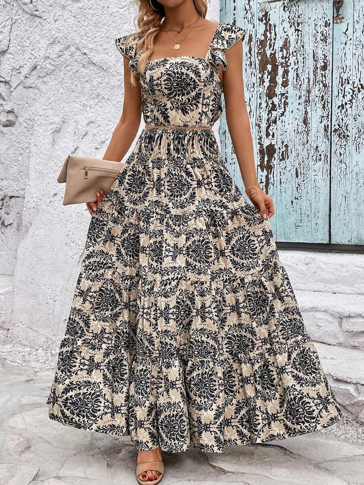 Allover Printed Pleated Square Neck Top and Halter Skirt Set