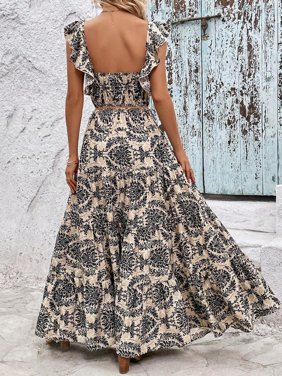Allover Printed Pleated Square Neck Top and Halter Skirt Set