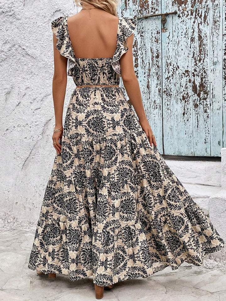 Allover Printed Pleated Square Neck Top and Halter Skirt Set