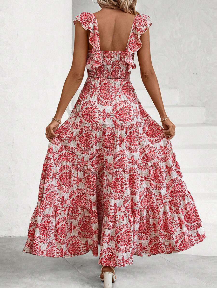 Allover Printed Pleated Square Neck Top and Halter Skirt Set