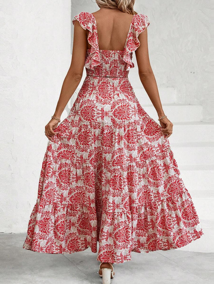 Allover Printed Pleated Square Neck Top and Halter Skirt Set