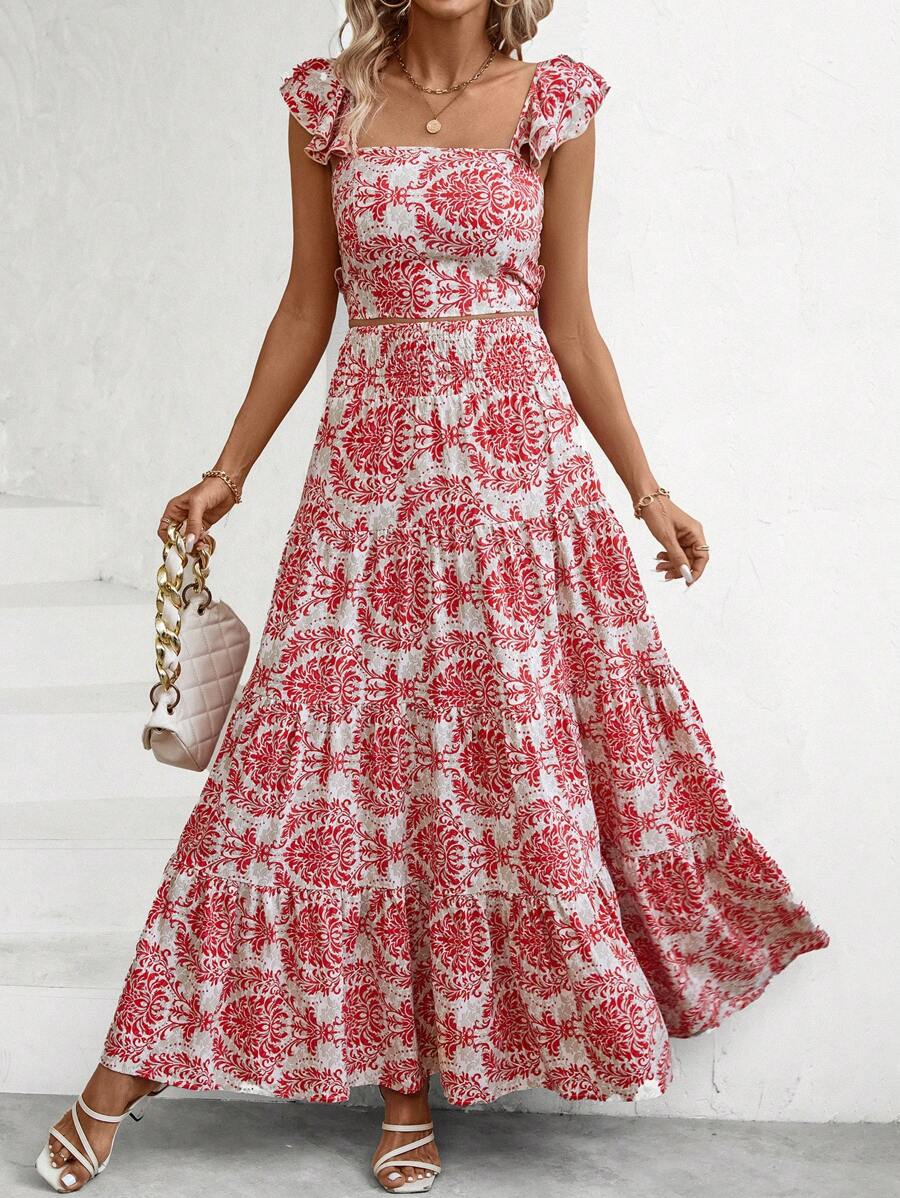 Allover Printed Pleated Square Neck Top and Halter Skirt Set