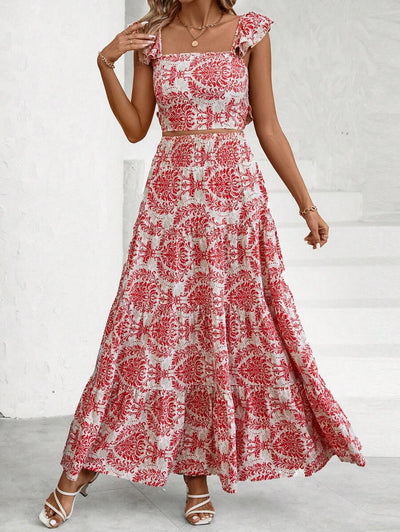 Allover Printed Pleated Square Neck Top and Halter Skirt Set