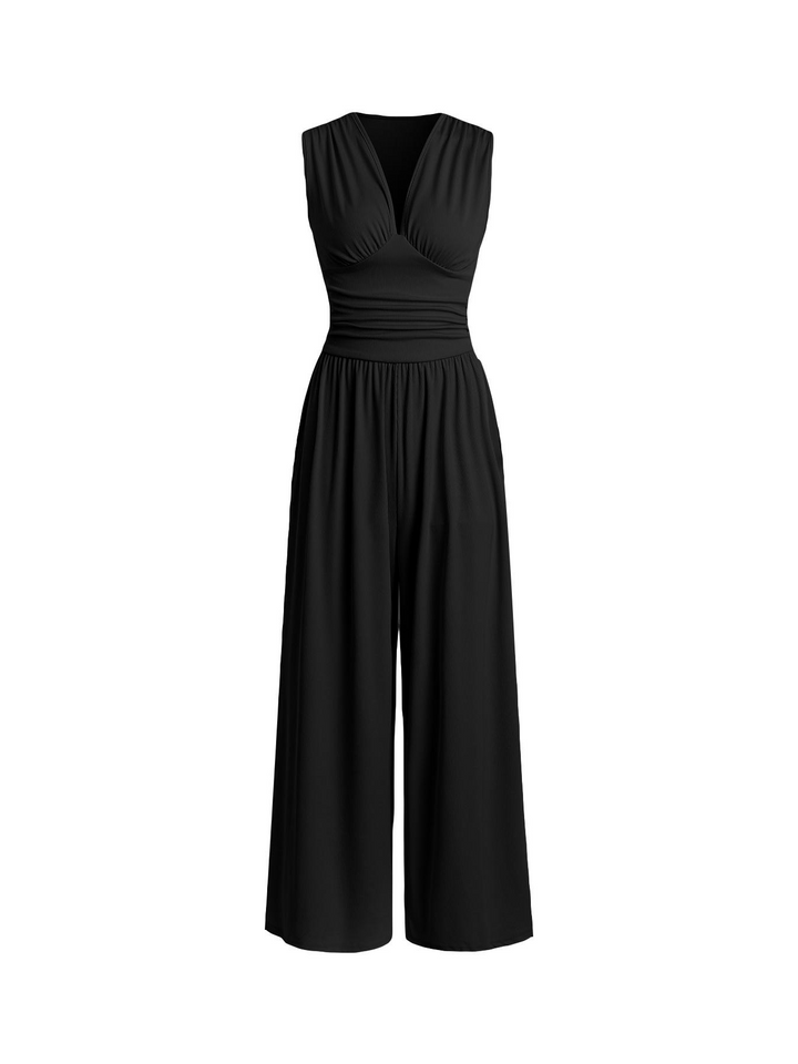 Solid color ribbed striped knit sleeveless jumpsuit