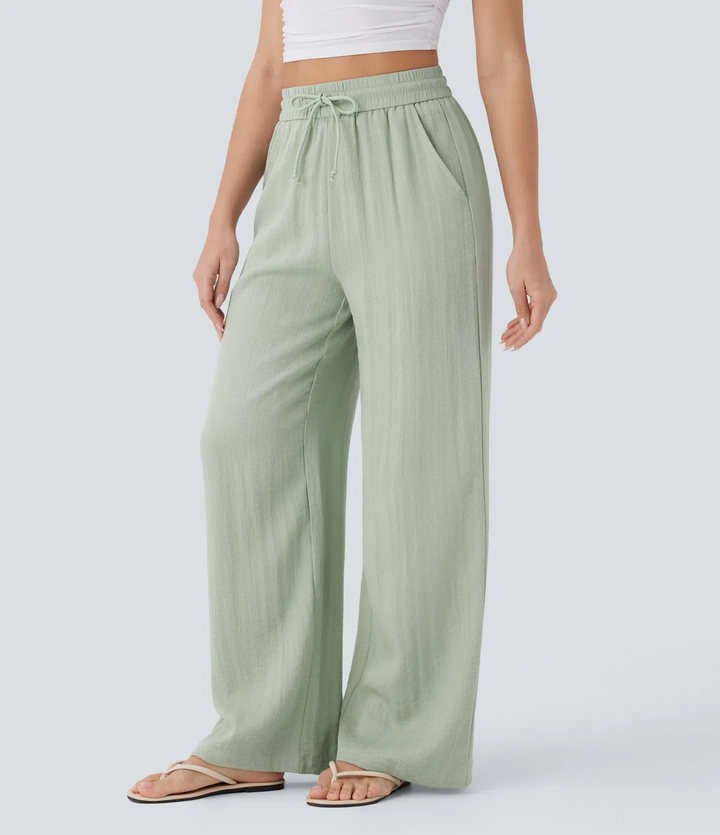 High-waisted drawstring wide-leg pants with side pockets