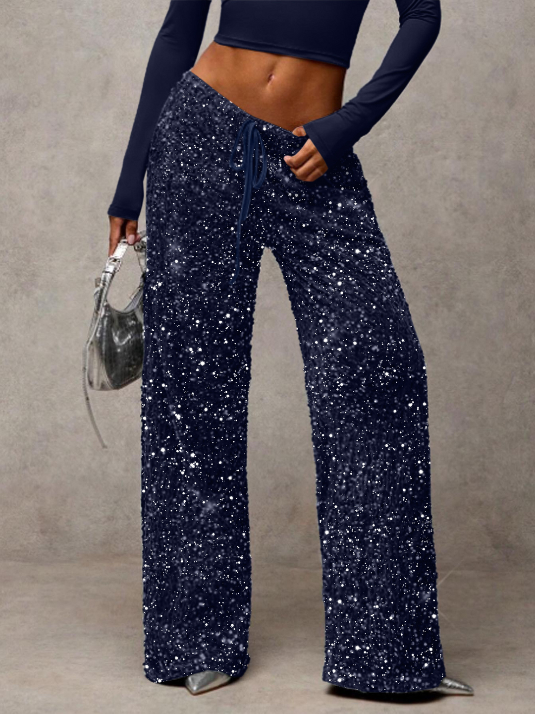 Sequined drawstring stretch straight leg pants