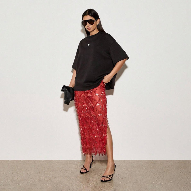 Tassel Sequin Midi Skirt