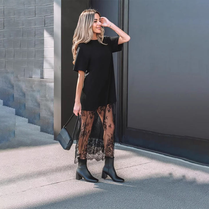 Lace-trimmed faux two-piece dress