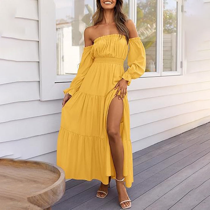 A-line Off-the-Shoulder Layered Maxi Dress with Slit