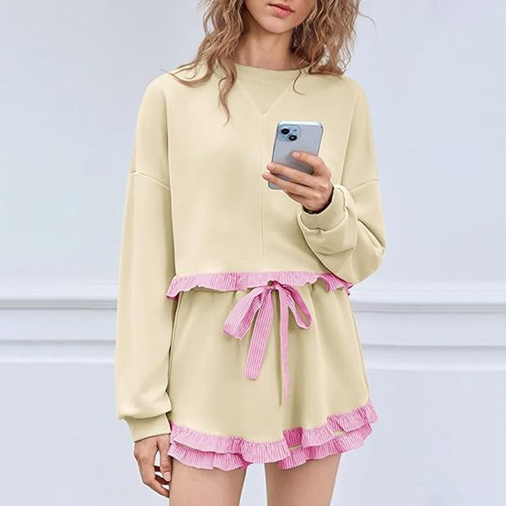 Striped Ruffled Sweatshirt and Shorts Set