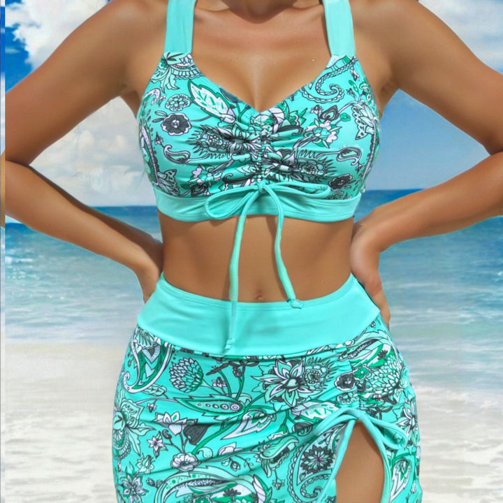 Printed drawstring bikini three-piece set