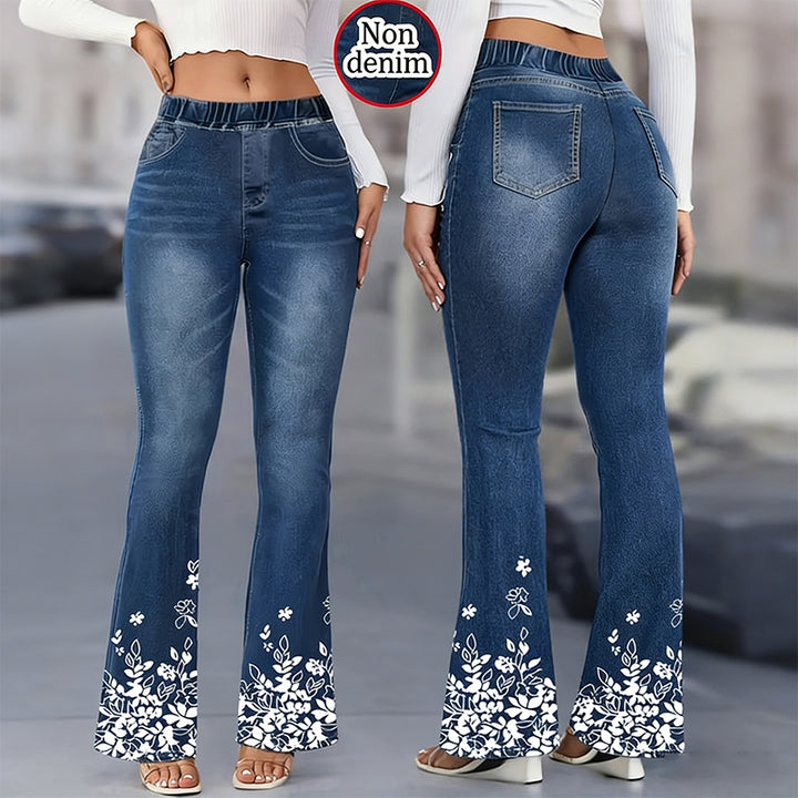 Elastic waist faux denim bootcut pants