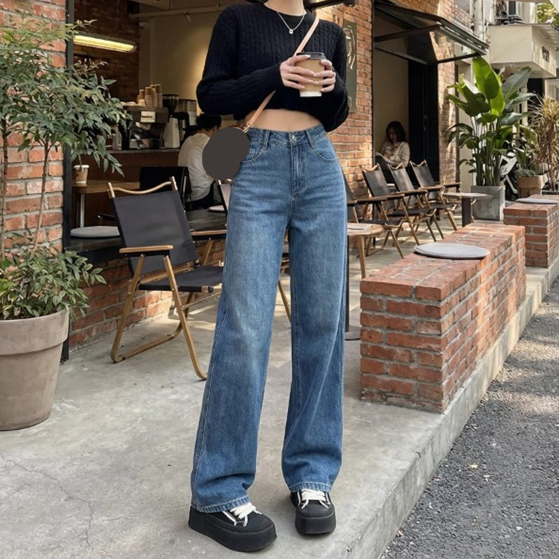 Retro slim-fit straight-leg high-waisted jeans