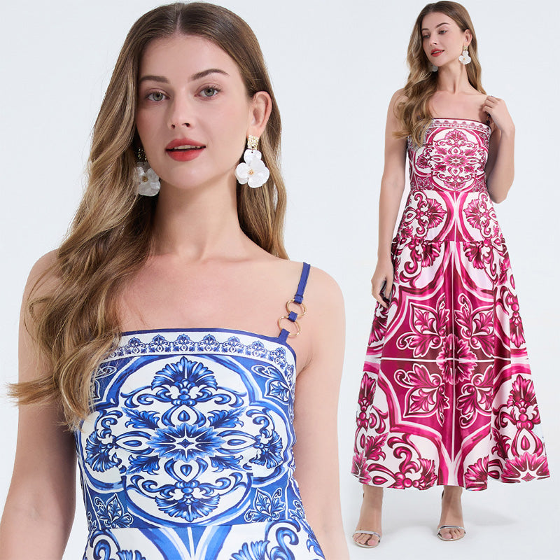 Porcelain-patterned strapless maxi dress