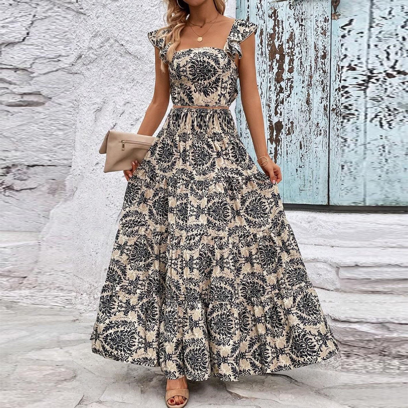 Allover Printed Pleated Square Neck Top and Halter Skirt Set