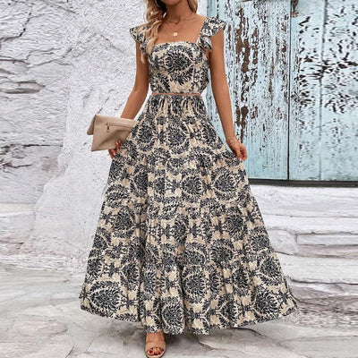 Allover Printed Pleated Square Neck Top and Halter Skirt Set