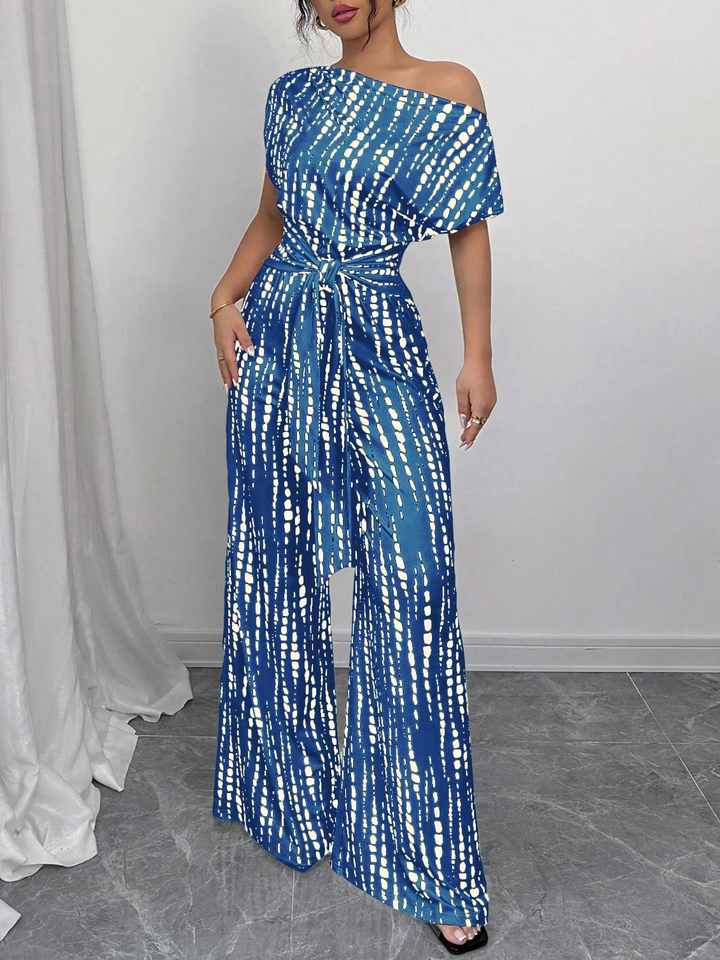 Off-shoulder tie-up jumpsuit wide-leg pants