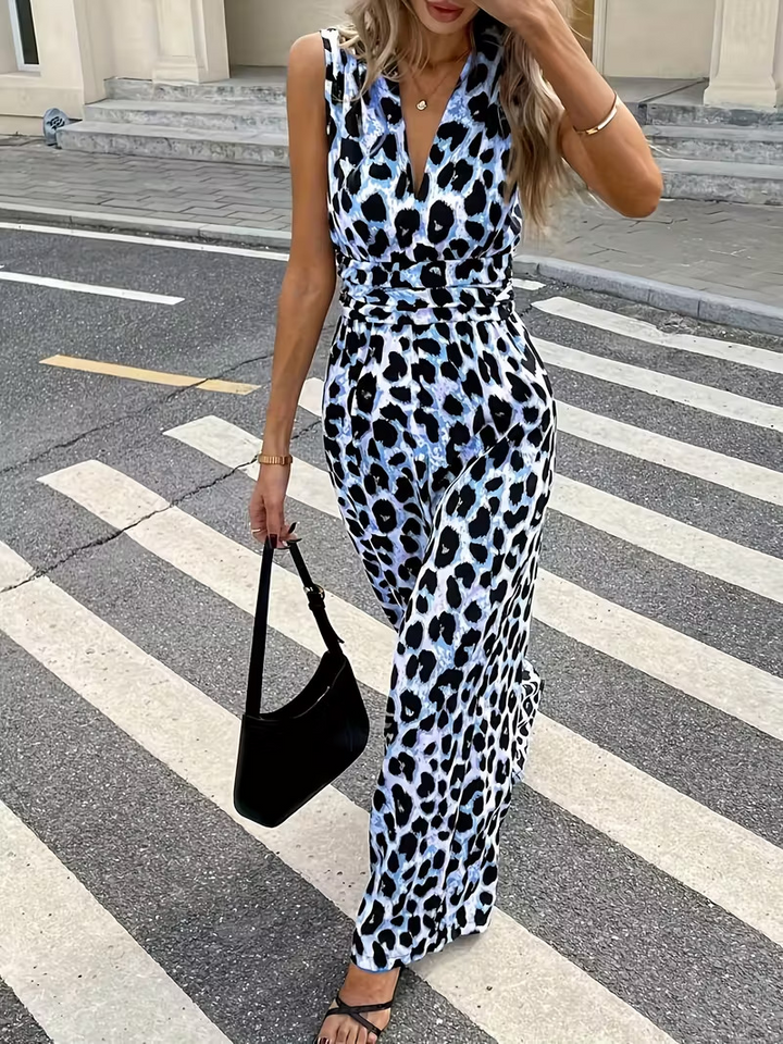 Leopard print sleeveless V-neck jumpsuit